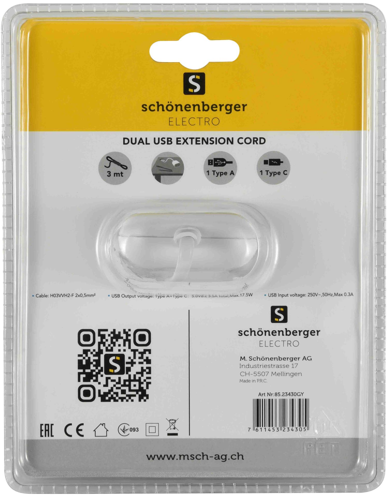 Ein Dual-USB-Verlängerungskabel in seiner Verpackung mit Produktinformationen.