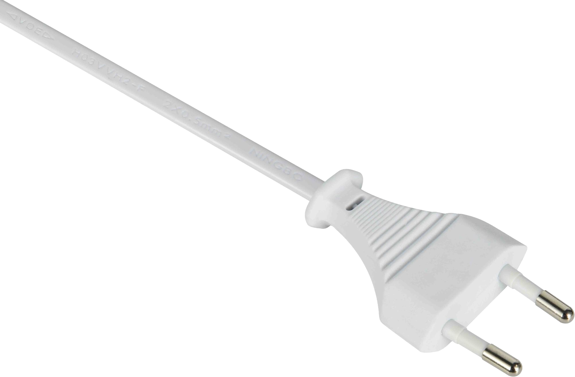 Weißes Netzkabel mit Eurostecker, gerade Linie, weißer Hintergrund.