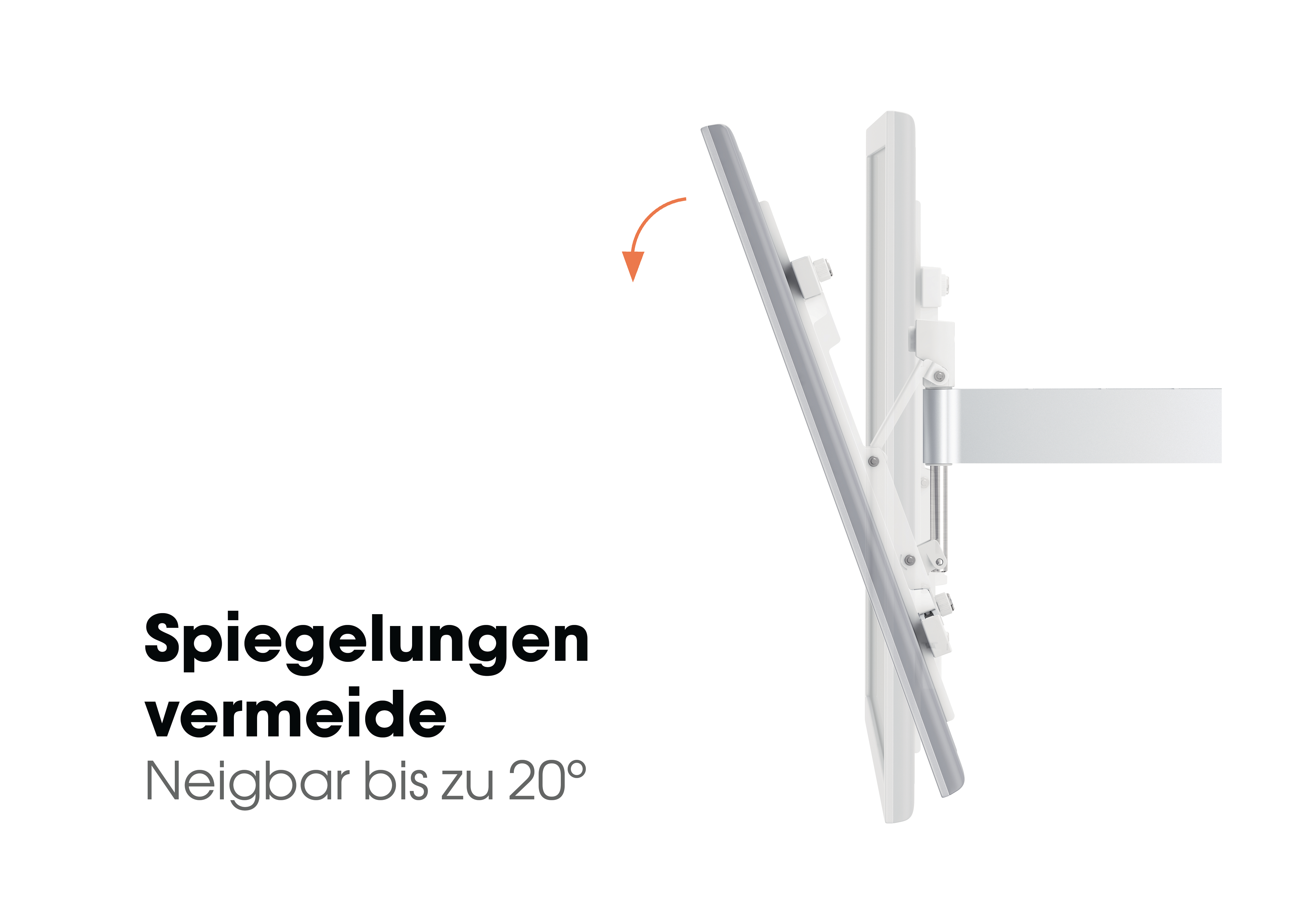 Ein weißer Fernseher an einer weißen Wandhalterung, leicht geneigt, mit deutschem Text.