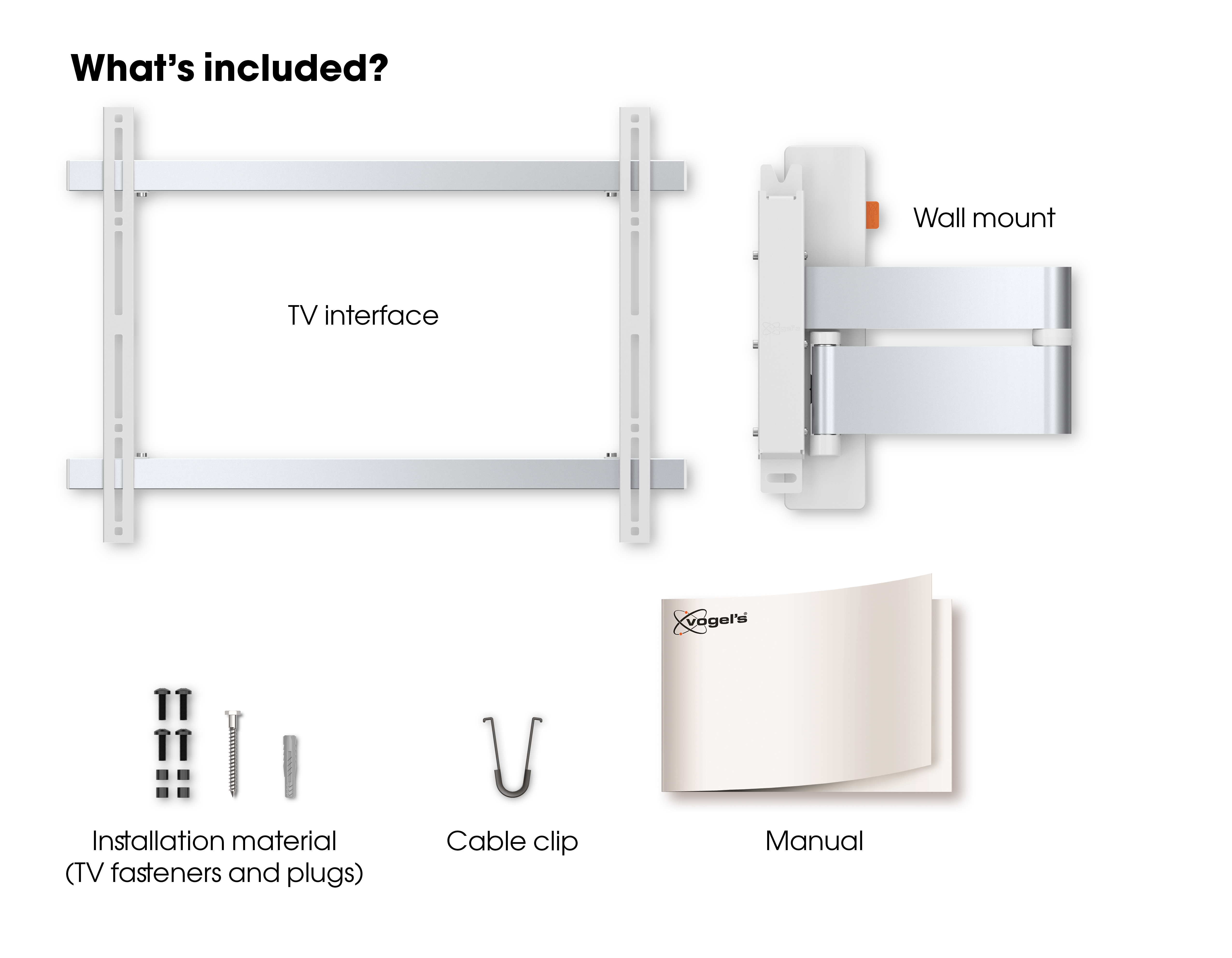 Diagramm eines TV-Wandhalterungs-Kits. Enthält TV-Schnittstelle, Wandhalterung, Installationsmaterial, Kabelclip, Handbuch.