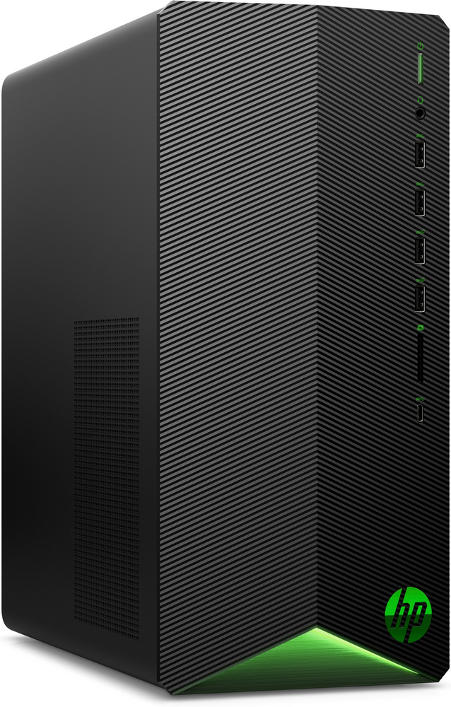 Una torre de computadora negra con detalles verdes. La torre tiene líneas diagonales y un logotipo de HP verde iluminado.