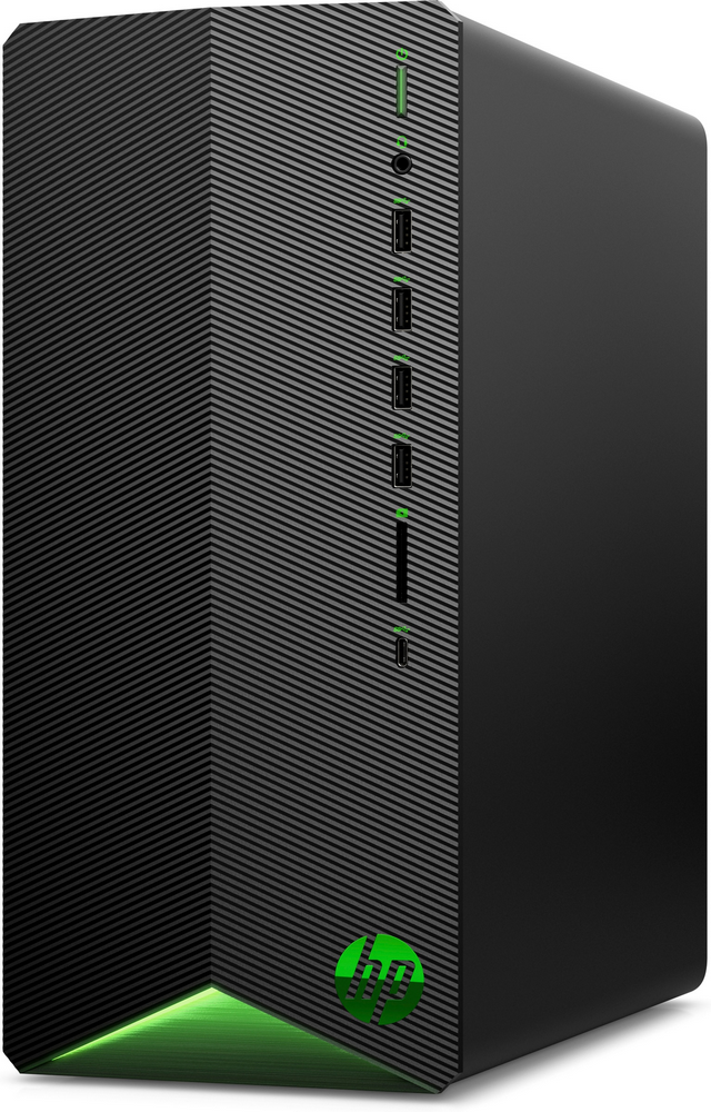 Ordenador de sobremesa HP gaming negro. Tiene logo y detalles verdes.