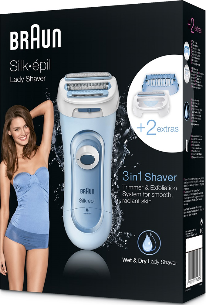 La scatola mostra Braun Lady Shaver, una donna in top blu e testine di rasatura extra.