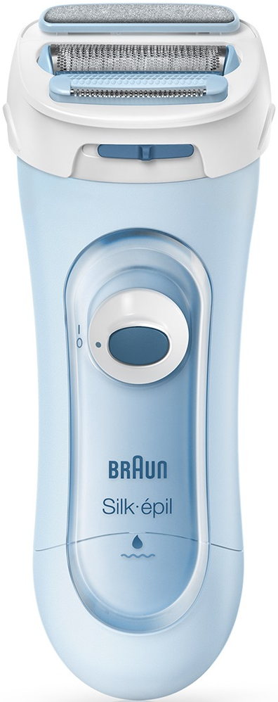 Un rasoio Braun Silk-épil azzurro con testina bianca.