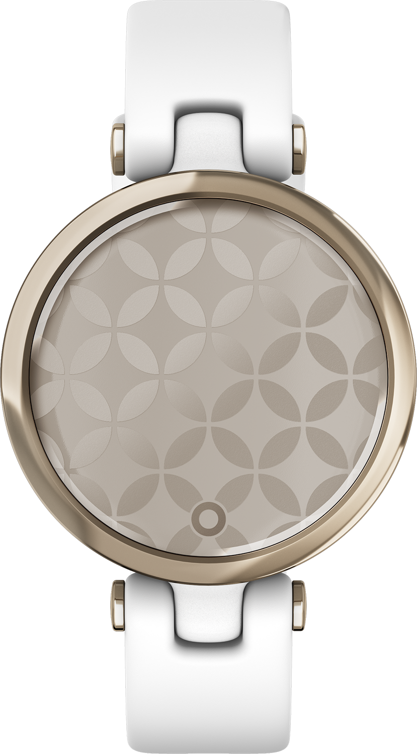 Eine Smartwatch mit rundem Zifferblatt, goldenem Rand und weißem Armband.