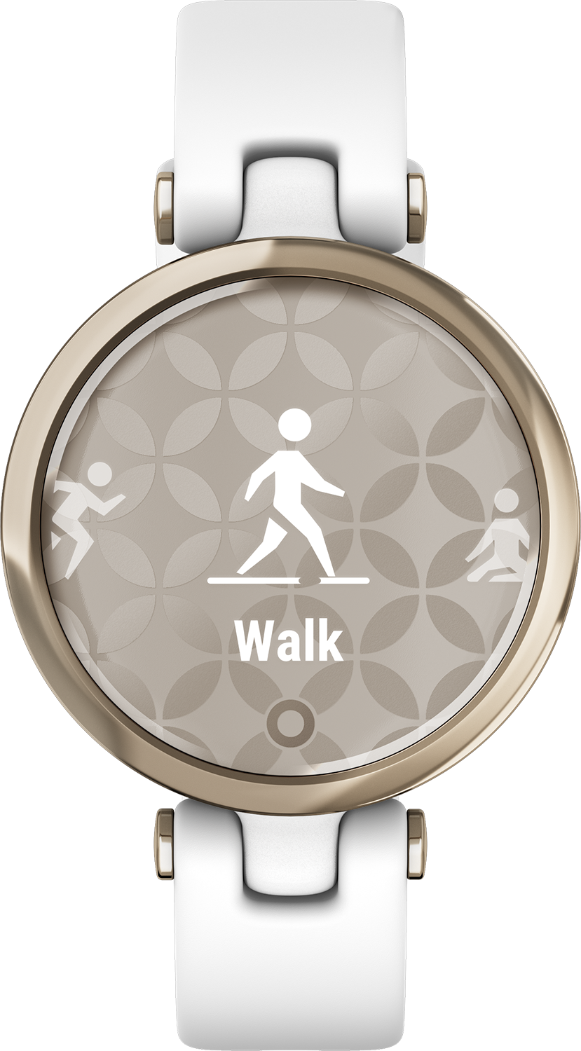 Eine goldgerahmte Smartwatch zeigt ein Gehsymbol mit dem Wort „Walk“ darunter.