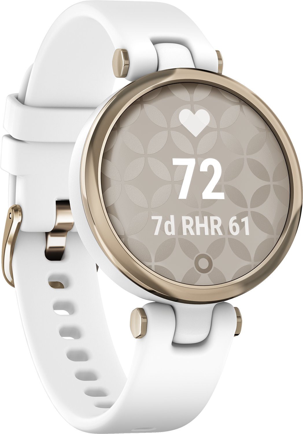 Weiße Smartwatch mit goldenem Rahmen. Der Bildschirm zeigt eine Herzfrequenz von 72 und andere Gesundheitsmetriken.