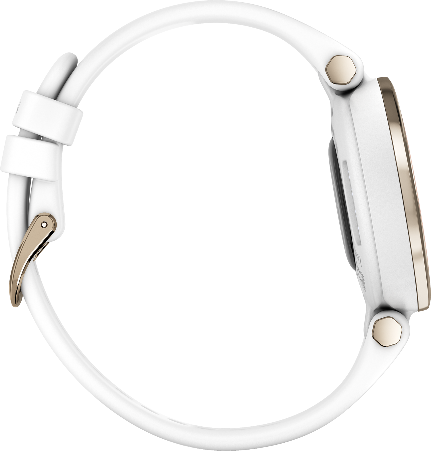 Weiße Smartwatch mit goldfarbener Lünette und weißem Armband. Seitenansicht.