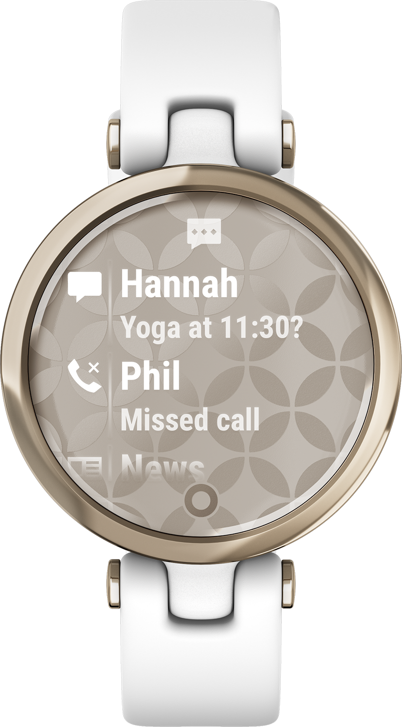 Smartwatch mit Nachrichten: Hannah, Yoga um 11:30 Uhr?; Phil, verpasster Anruf. Goldener Rahmen, weißes Band.