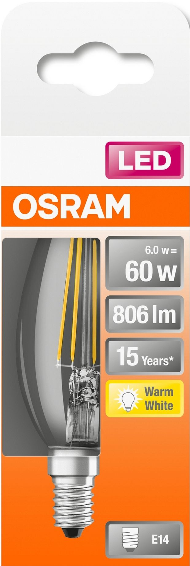 Eine Verpackung einer OSRAM LED-Glühbirne. Die Verpackung ist weiß und orange, mit Produktdetails.