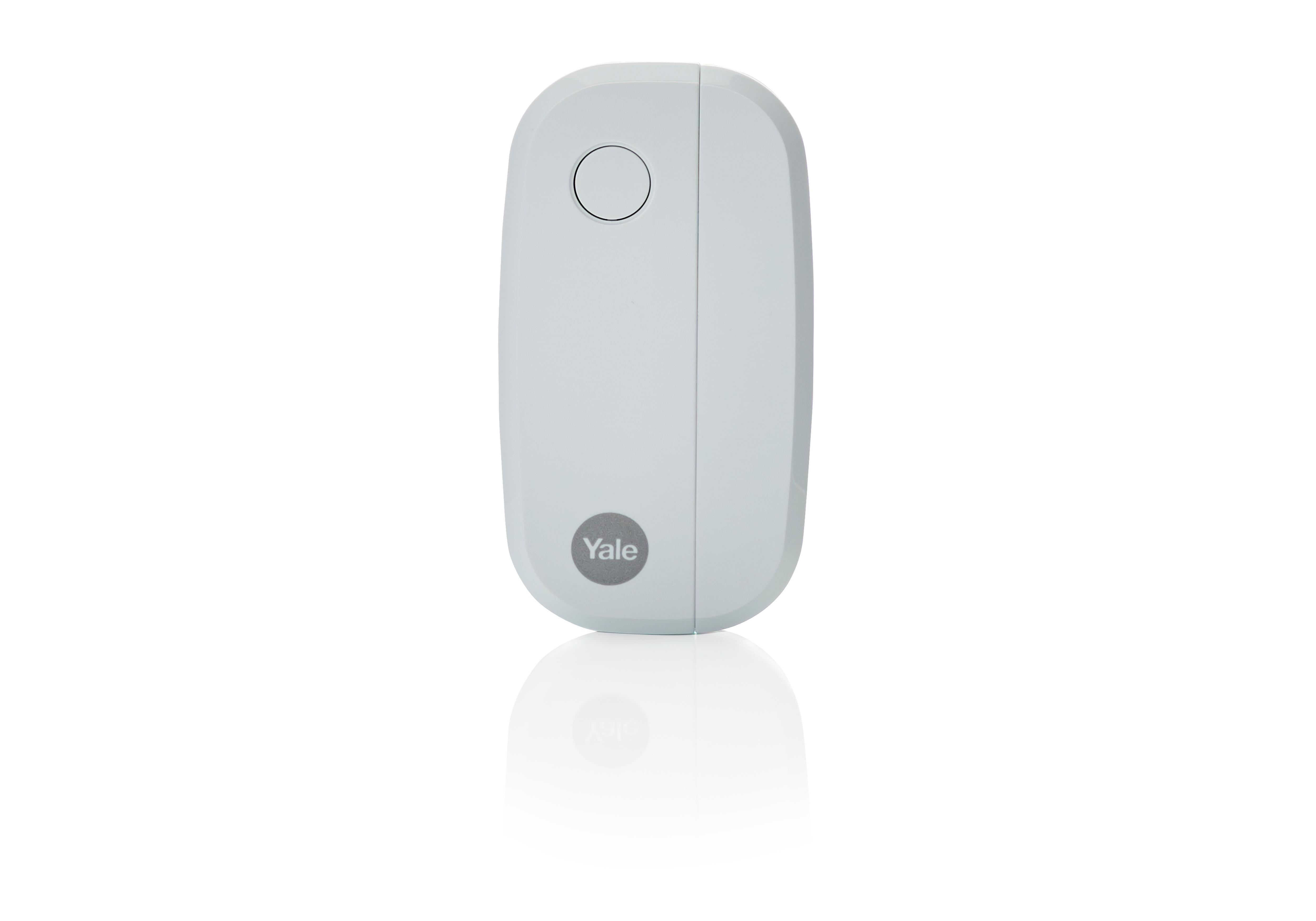 Ein weißes Smart-Lock-Gerät mit Yale-Logo und rundem Knopf oben.