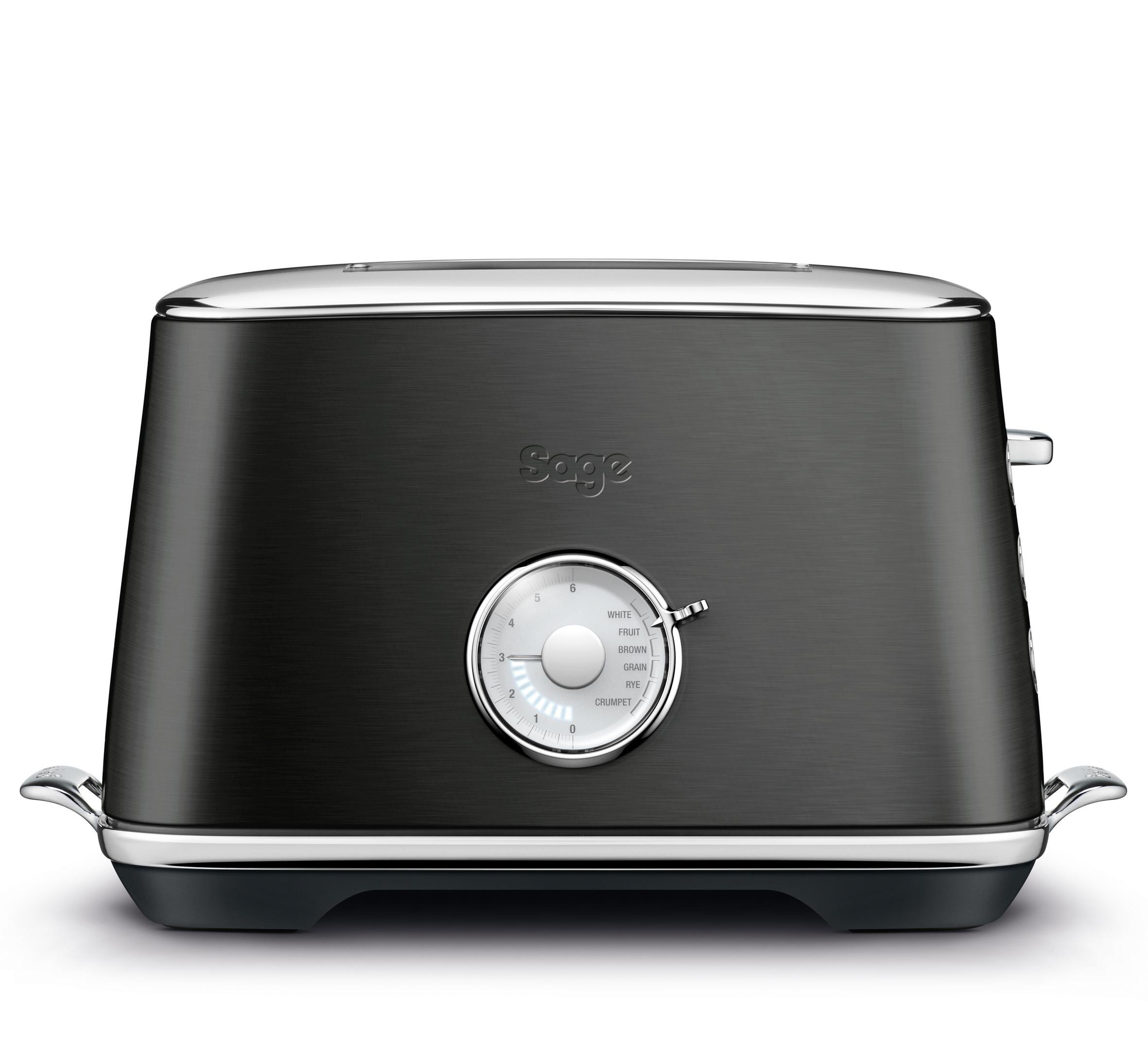 Schwarzer und silberner Toaster mit einem Drehregler, der verschiedene Bräunungsstufen anzeigt.