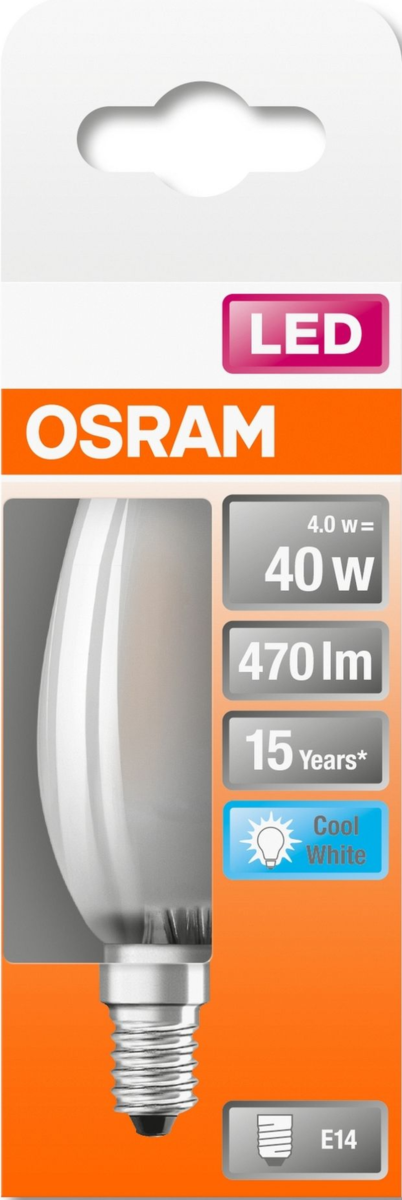 Verpackung für eine Osram LED-Glühbirne, mit Produktdetails und einem kühlweißen Etikett.
