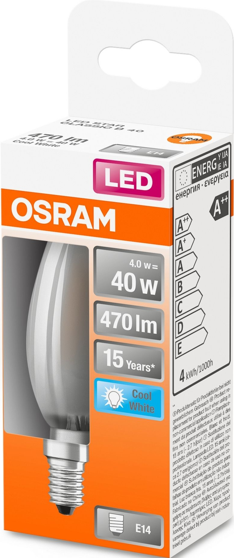 Osram LED-Glühbirnenverpackung. Weiße Glühbirnengrafik. Energiebewertung und Spezifikationen werden angezeigt.