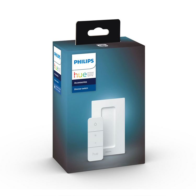 Paquete del interruptor regulador Philips Hue, con el interruptor y el mando a la vista.