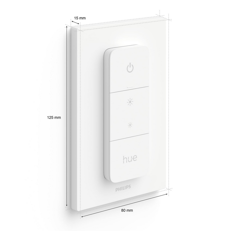 Un interruptor de luz inteligente Philips Hue blanco con dimensiones.