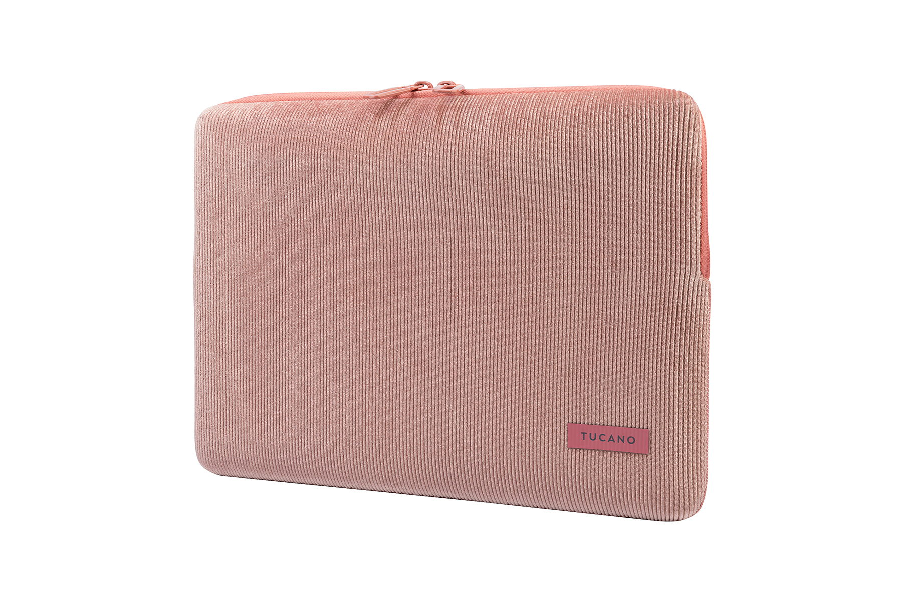 Rosafarbene Cord-Laptoptasche mit Reißverschluss und Markenetikett.