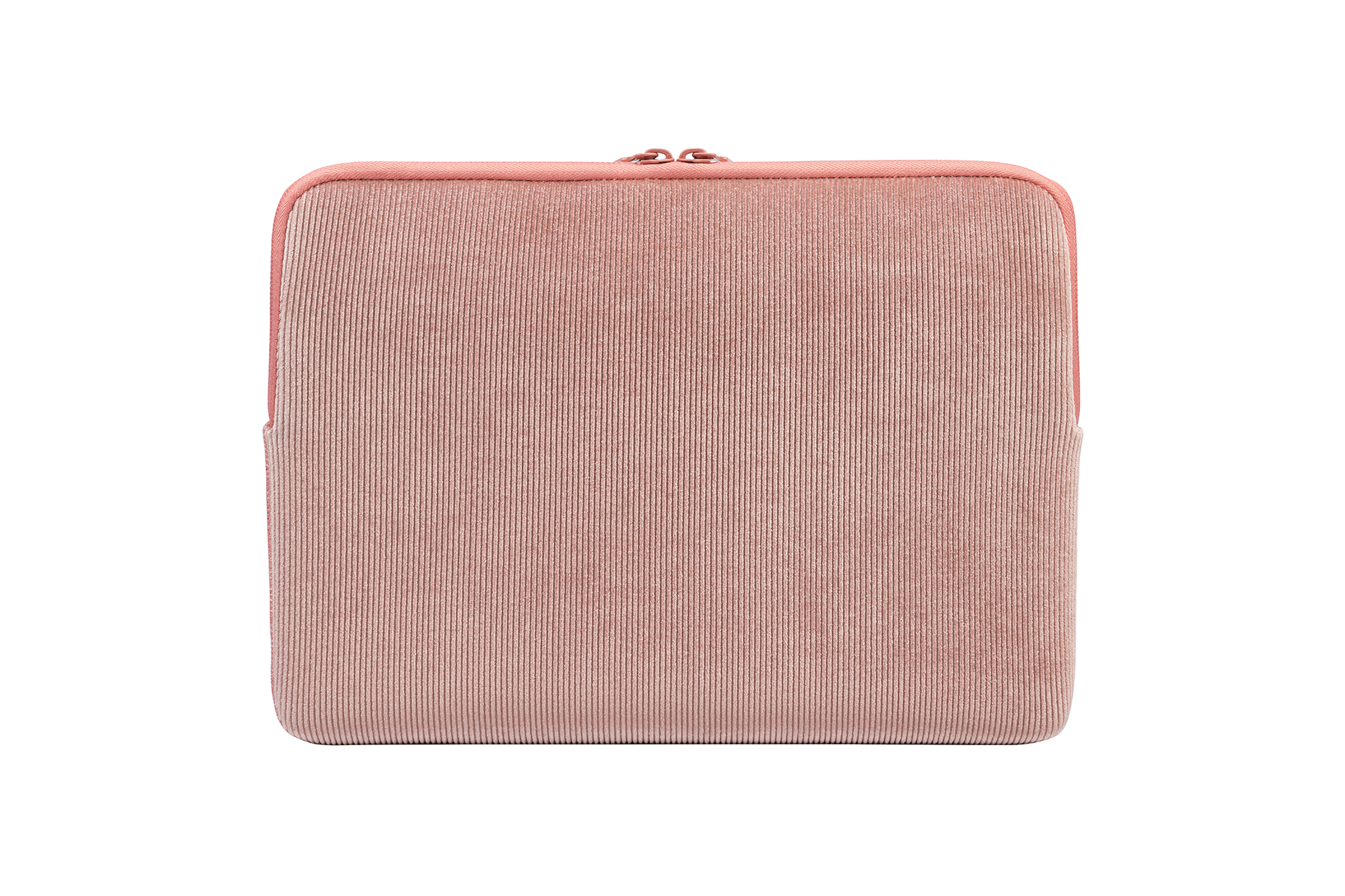 Rosa Laptop-Hülle mit Reißverschluss. Die Hülle hat eine gerippte Textur.