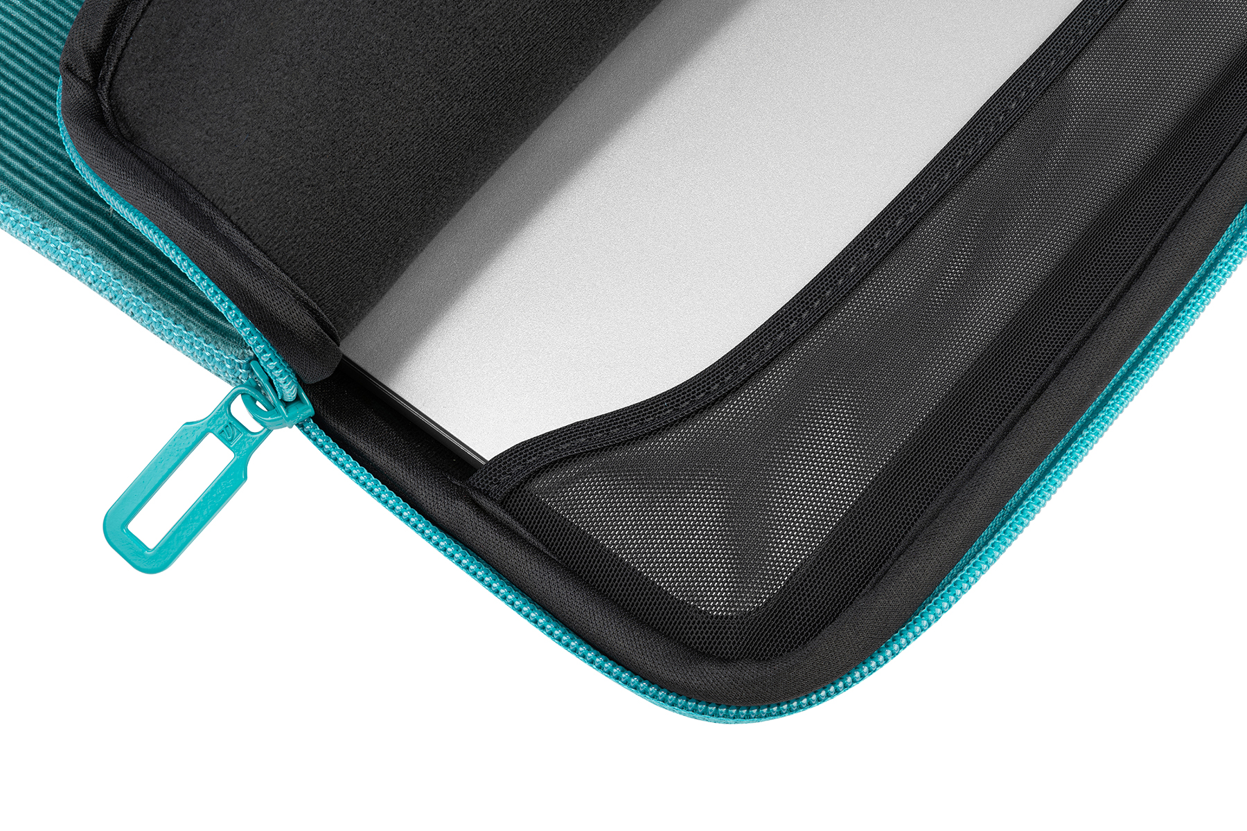 Geöffnete türkisfarbene Laptop-Hülle mit Laptop und Reißverschluss.
