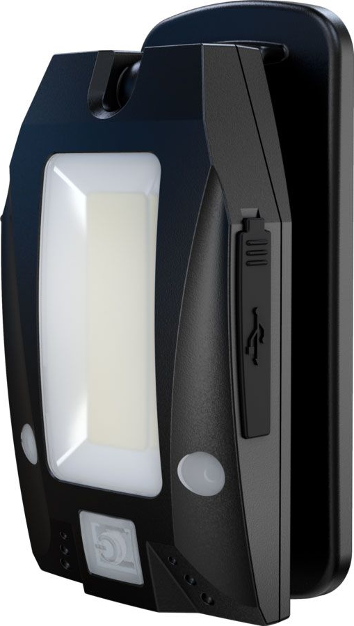Schwarz-weiße Taschenlampe, zeigt das Licht und den Ladeanschluss, schwarzer Hintergrund.