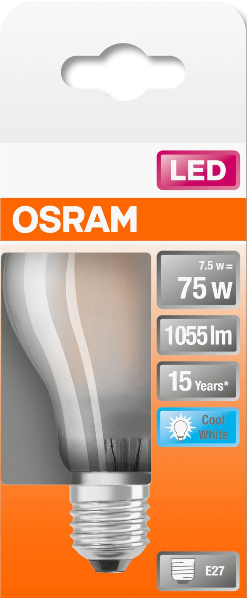 LED-Glühbirne in einer Box. Die Box hat das OSRAM-Logo und zeigt die Spezifikationen der Glühbirne.