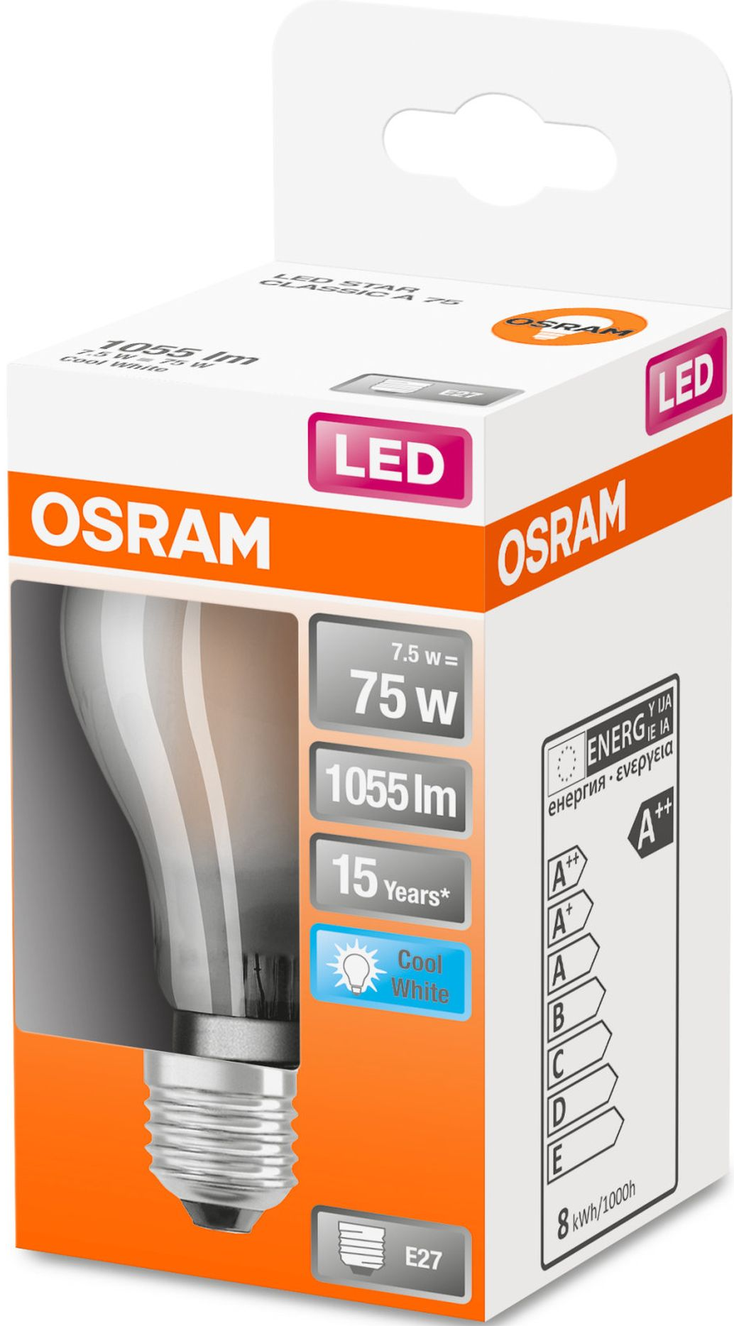 Eine OSRAM LED-Glühbirnenverpackung. Zeigt die Glühbirnenspezifikationen mit kaltweißem Licht.
