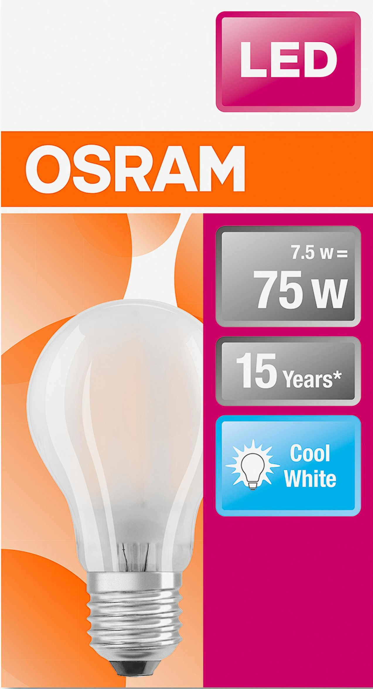 Eine OSRAM LED-Glühbirne. Weiße Glühbirne mit Milchglas. Oranger und pinker Hintergrund mit Text.