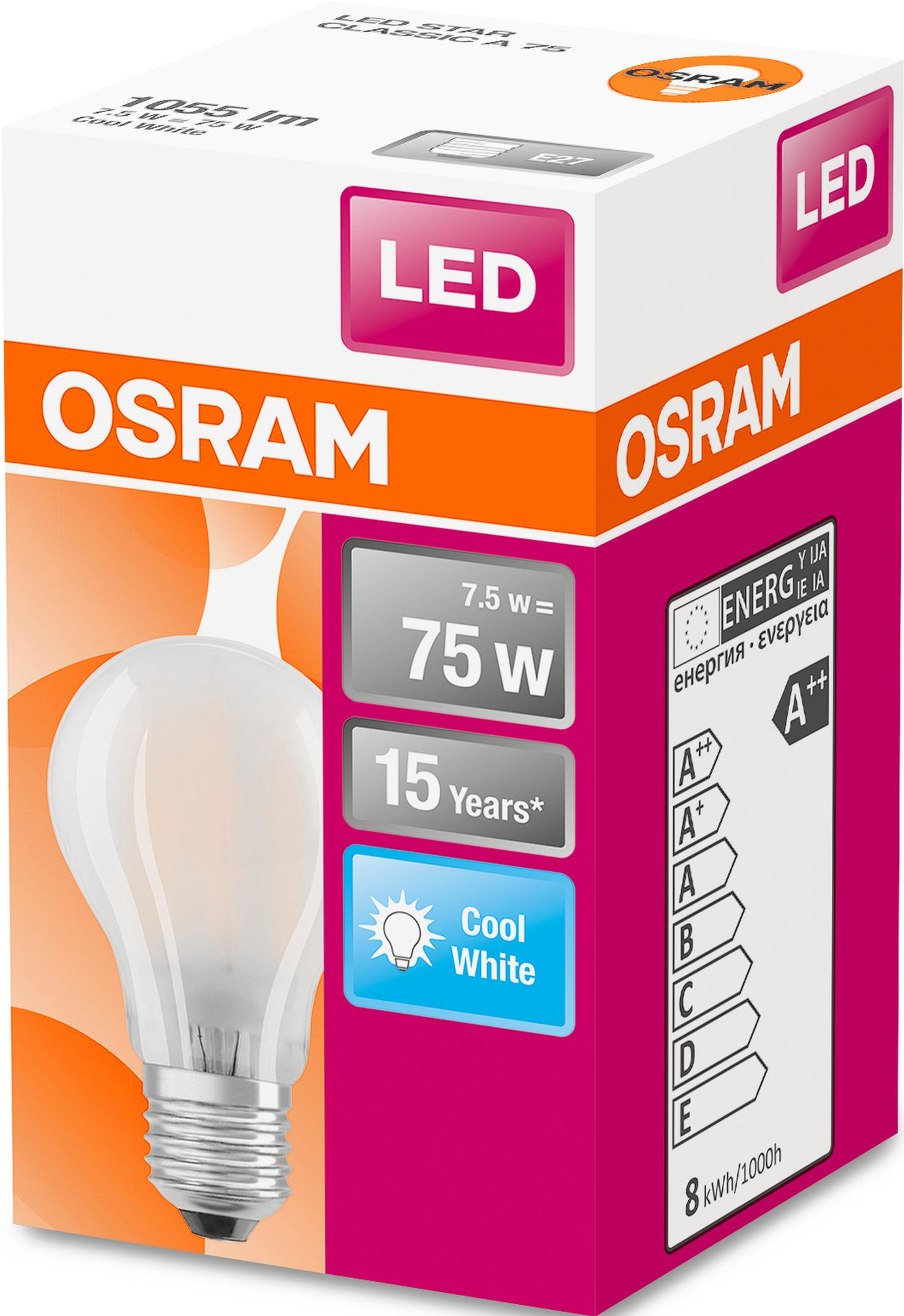 OSRAM LED-Glühbirnenbox. Bild einer weißen Glühbirne. Box hat Orange- und Rosatöne. Energielabel sichtbar.