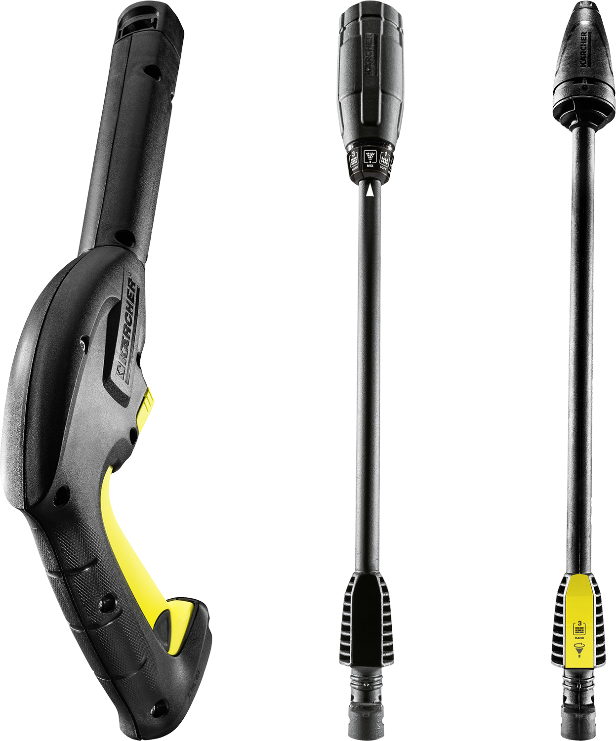 Trois pièces de nettoyeur haute pression Karcher. Une poignée jaune et noire et deux extensions.
