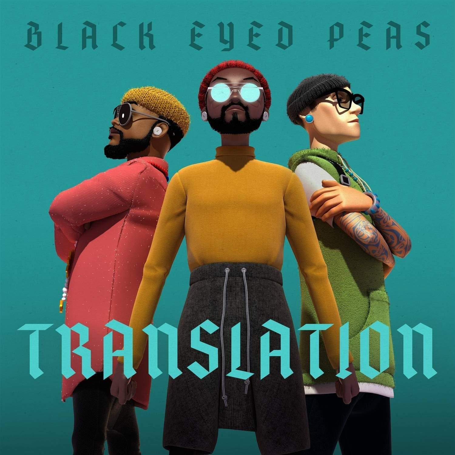 Albumhoes van de Black Eyed Peas. Drie cartoonfiguren met het woord 'Translation'.