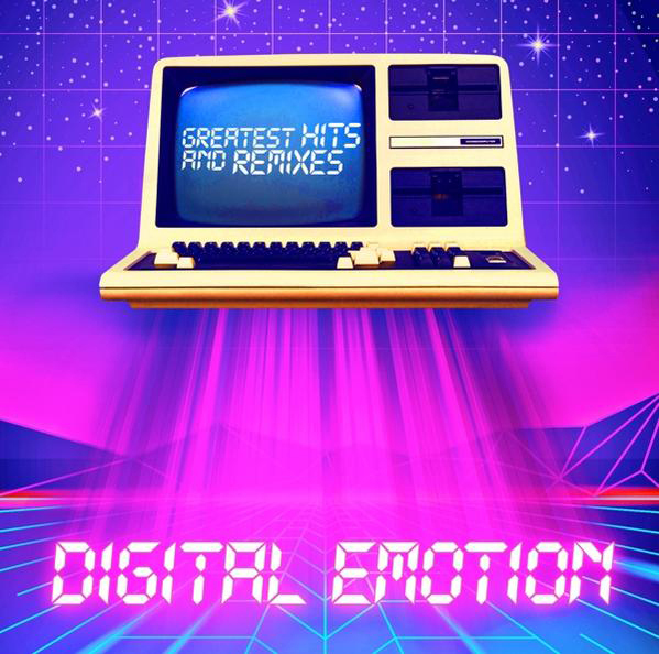 Retro-Computergrafik mit Text 'Greatest Hits and Remixes' auf dem Bildschirm, 'Digital Emotion' darunter, lebendige Farben.