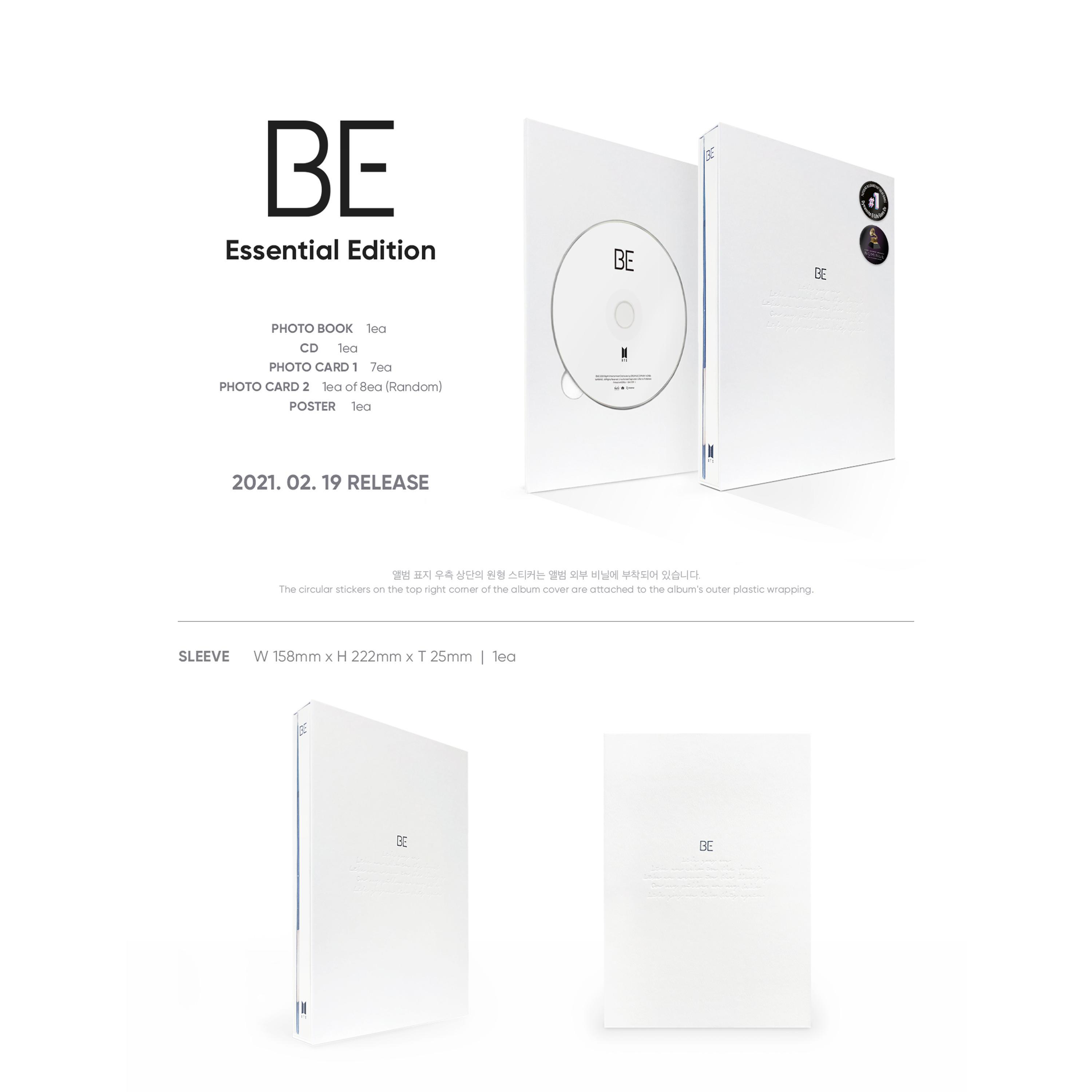 Ein weißes BTS-Albumcover mit dem Titel 'BE' und der Inhaltsliste.