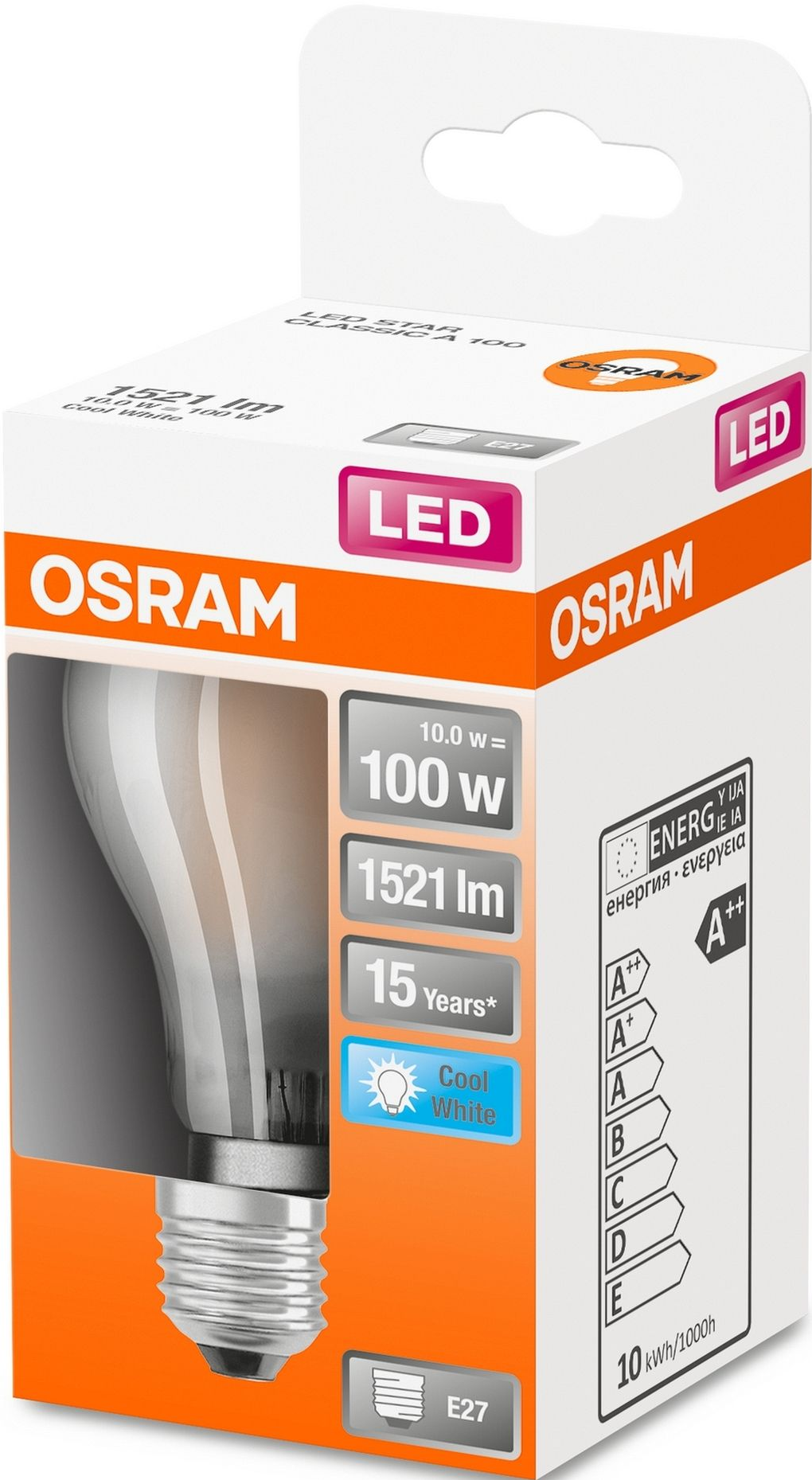 Boîte d'ampoule LED Osram. La boîte montre une ampoule et des informations sur le produit.