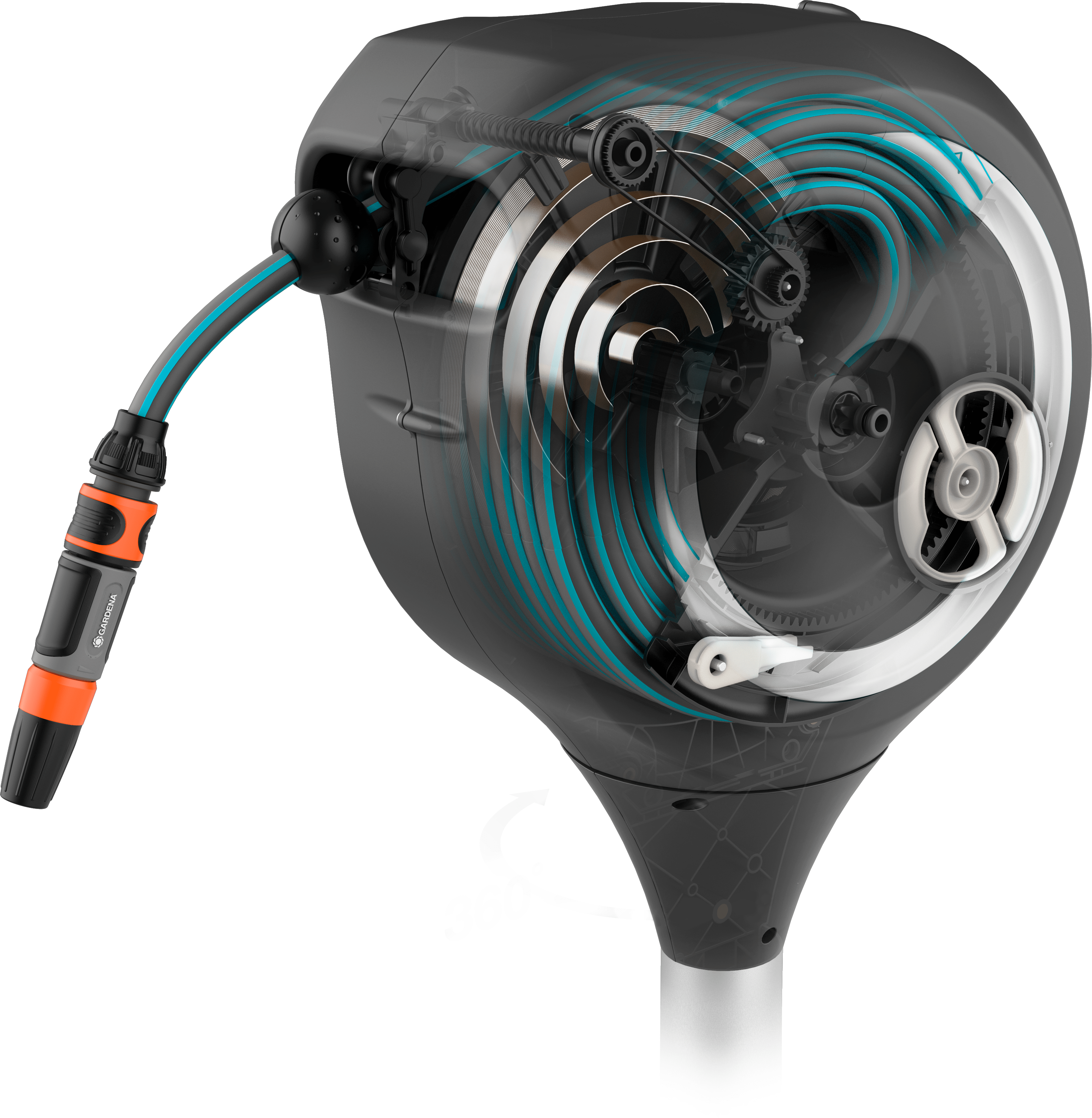 Schnittansicht einer Gardena Schlauchtrommel, zeigt Innenmechanismen und blauen und orangen Schlauch.