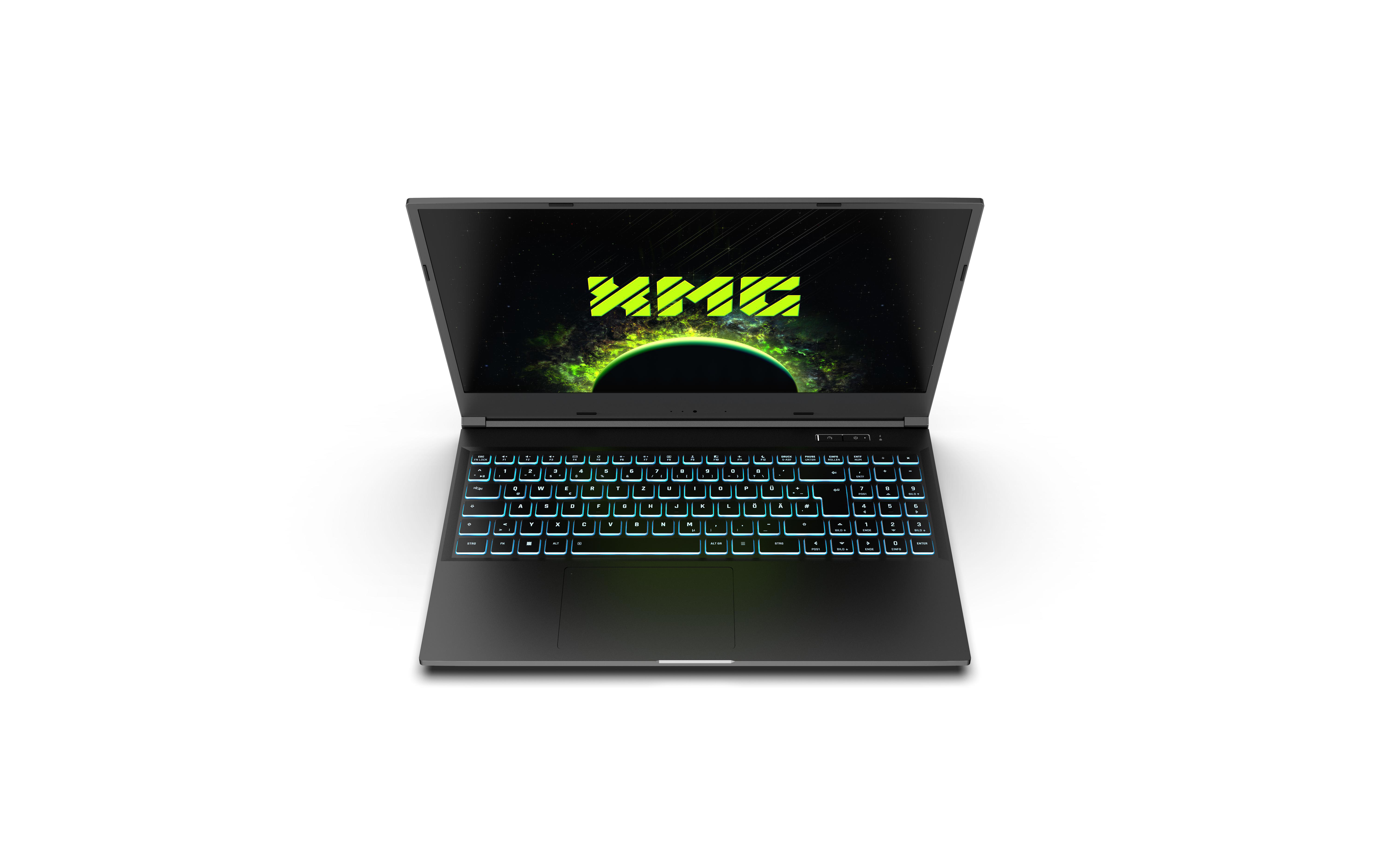 Ein schwarzer Laptop mit grün beleuchteter Tastatur, zeigt eine grüne Grafik auf dem Bildschirm.