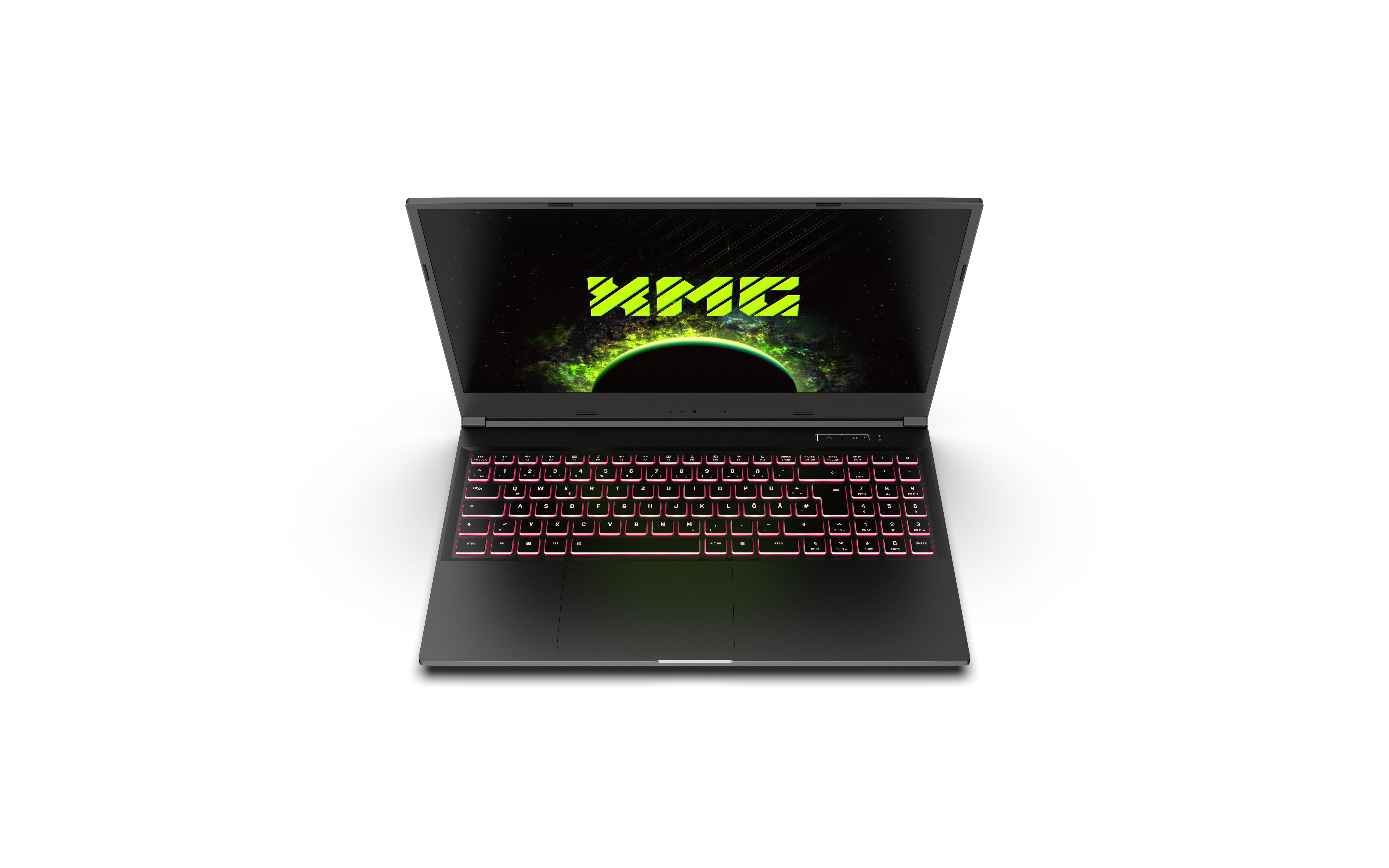 Ein schwarzer Laptop mit grün beleuchteter Tastatur. Der Bildschirm zeigt ein Logo.