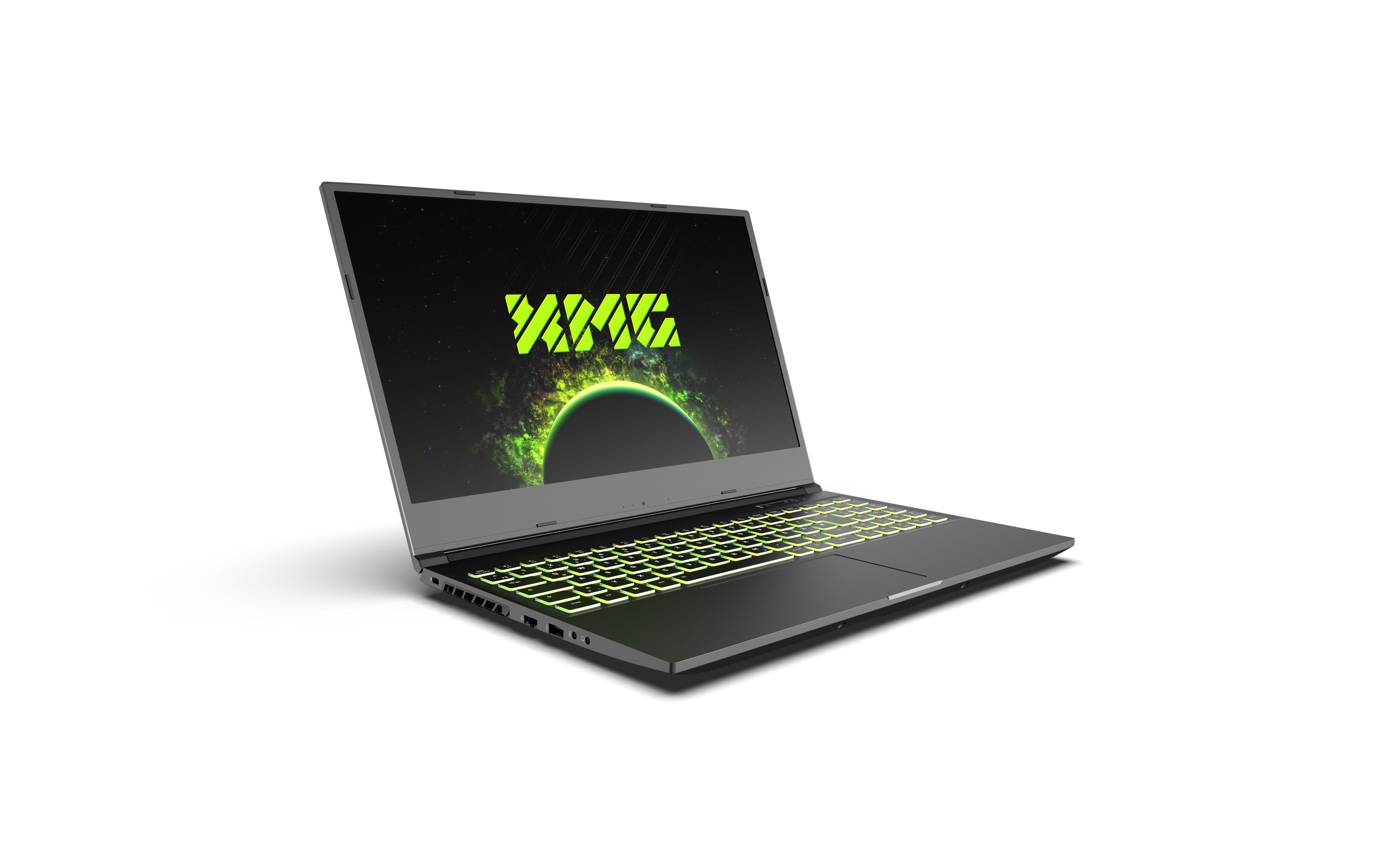 Ein schwarzer und grüner Laptop auf einer weißen Oberfläche, mit geöffnetem Bildschirm.