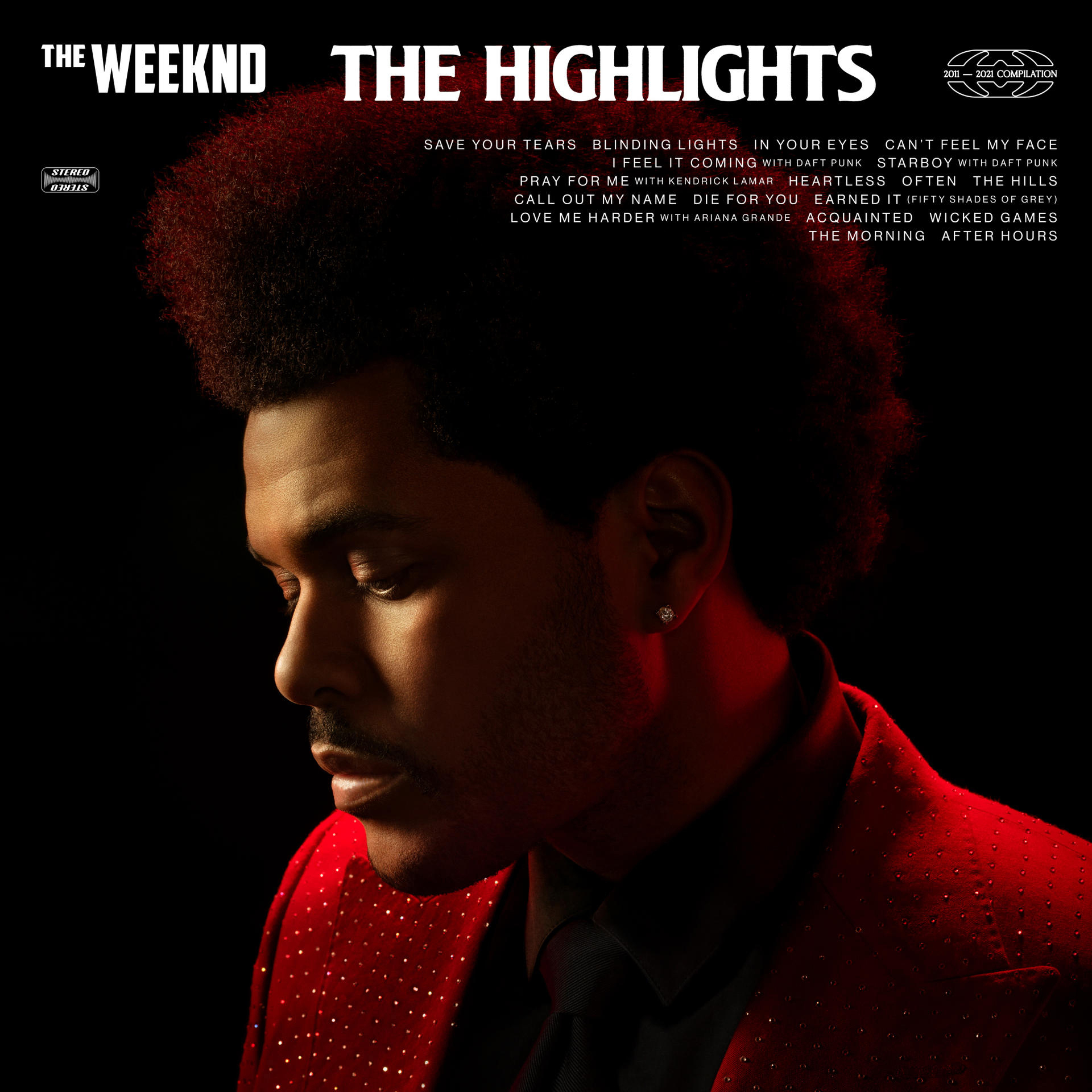 Albumcover für The Weeknd's 'The Highlights'. Der Sänger trägt einen roten Anzug, mit einer Titelliste.