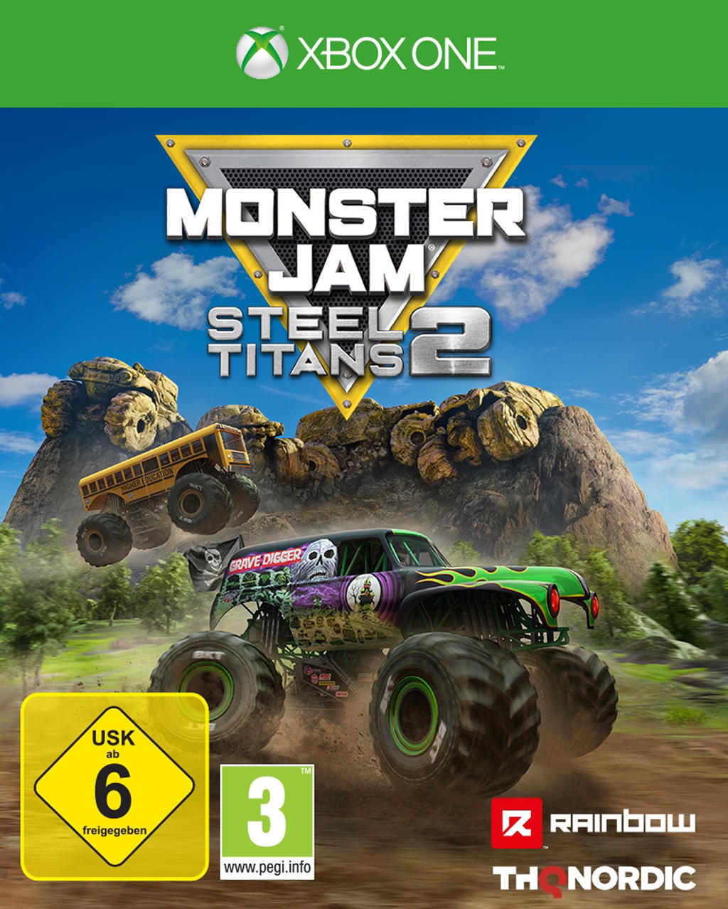 Monster Jam Steel Titans 2 Spielcover mit Monstertrucks auf einer Strecke.