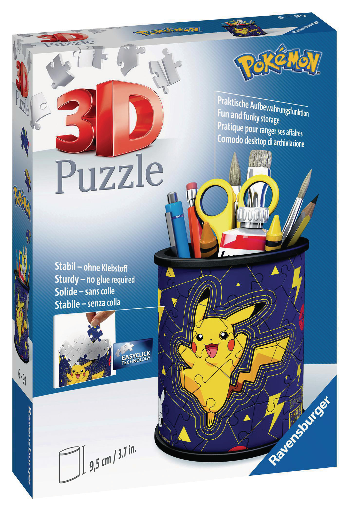3D-Puzzlebox mit Pikachu-Design, inkl. Puzzleteilen und Schreibwaren.