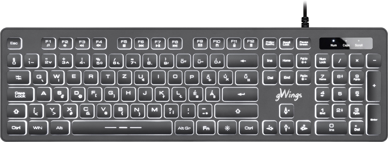 GWINGS GW470KB vezetékes multimédiás SLIM billentyűzet fehér háttérvilágítással / magyar