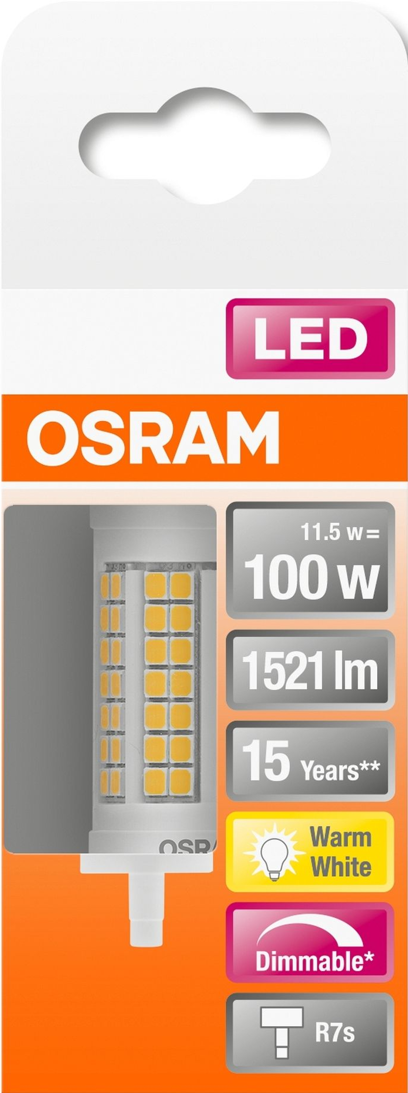Eine OSRAM LED-Glühbirnenverpackung mit Glühbirne und Details zu ihren Funktionen.