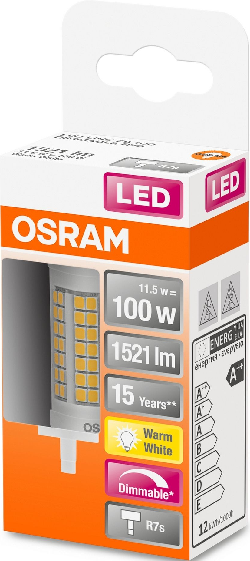Eine Schachtel mit OSRAM LED-Glühbirnen. Die Schachtel ist weiß und orange und hat ein Bild einer Glühbirne.