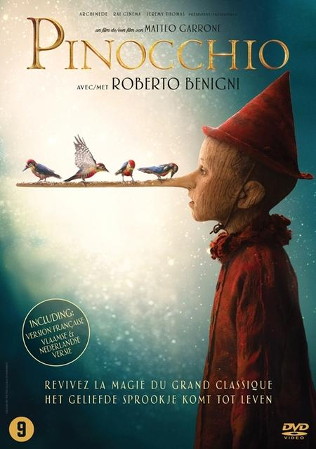 Couverture de film : Pinocchio avec un long nez et des oiseaux. Couleurs bleues et marron.