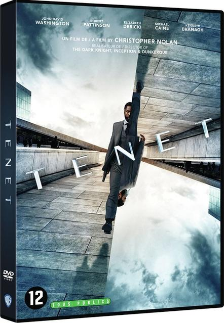 DVD cover of movie Tenet, with the title and actor names, with a man on the building.
