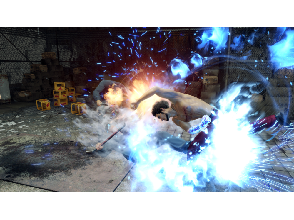 Una escena de videojuego de una pelea con figuras y efectos especiales azul eléctrico.