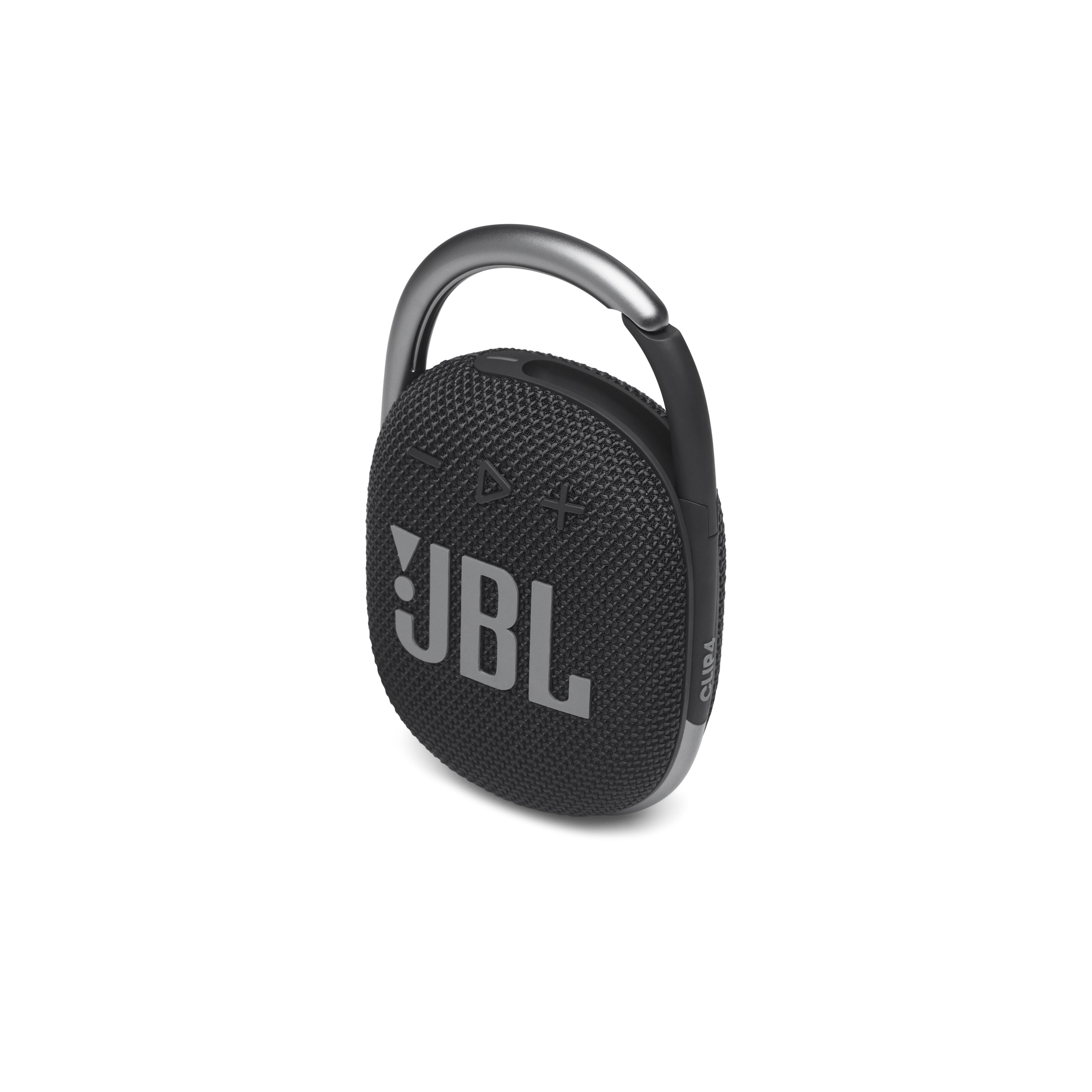Gümüş karabina klipsli siyah bir JBL Clip 4 hoparlör.