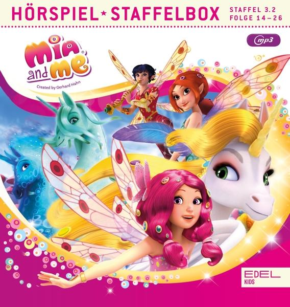 Albumcover für "Mia and Me". Zeichentrickfiguren, darunter Feen und ein Einhorn, sind in einer lebendigen, farbenfrohen Szene.