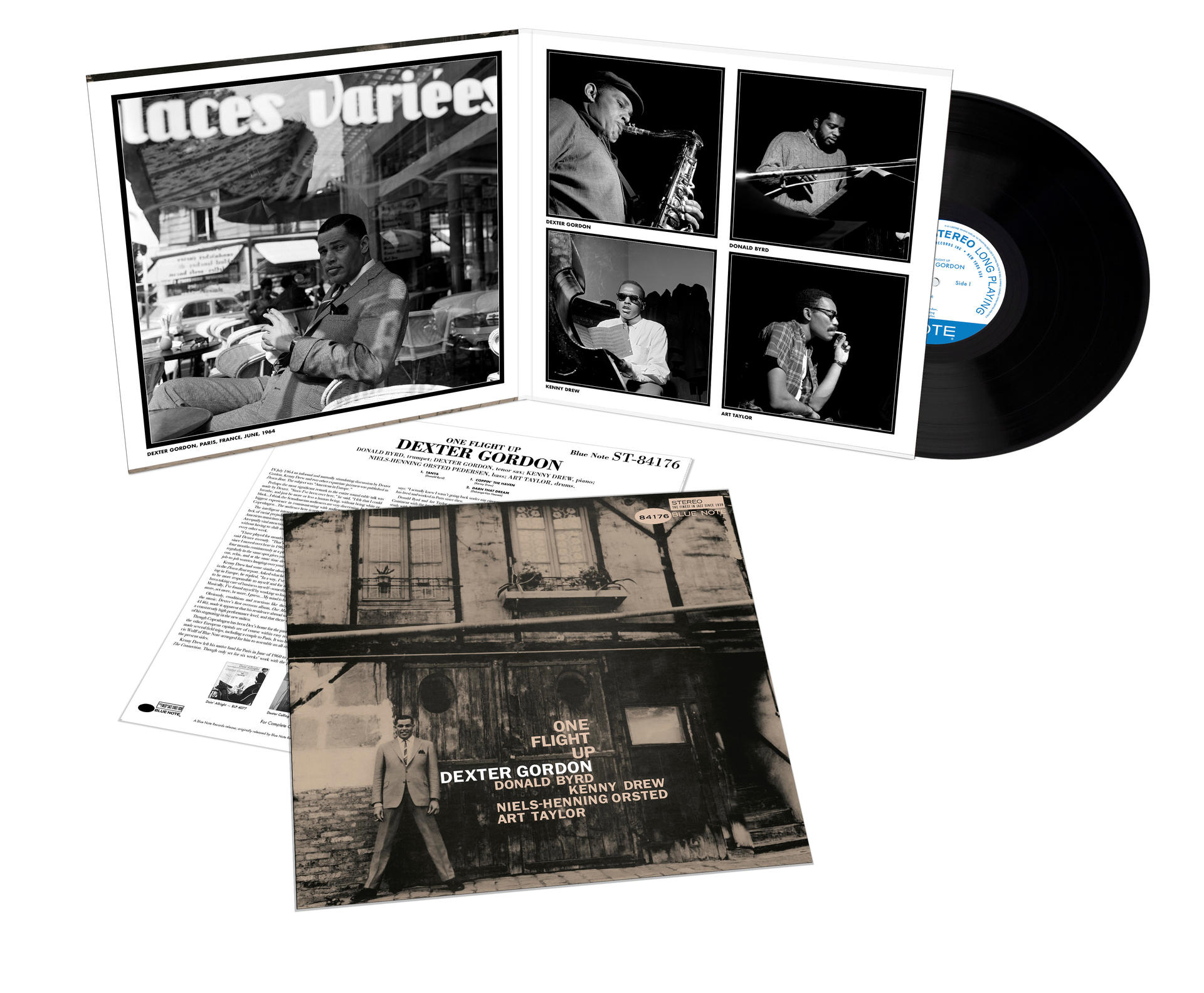 Dexter Gordon album borítója és belső borítói. Fekete bakelit lemez is látható.