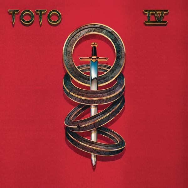 Album borító: TOTO IV. Arany kard, ami piros háttéren gyűrűket szúr át.